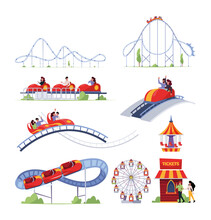 Roller Coaster Park. Amusement Adventure Characters Have Fun In Roller Coaster Activity Riding Garish Vector Cartoon Set