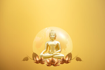 Wall Mural - Buddha statue and lotus flowers on gold background.