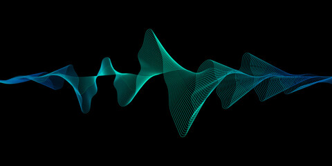 Wall Mural - Abstract dark blue background. Vector sound wave lines dynamic in blue green color light flowing isolated on black background for concept of music, sound, technology, energy, modern, science.