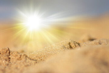 Summer vacation adventure and vacation travel freedom concept. Abstract blur blurred background, nature of tropical summer beach with sunlight rays. Soft and blurry tropical beach.Golden sand beach. S