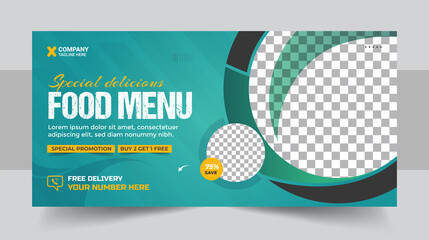 Wall Mural - Fast food business promotion web banner template design, Restaurant healthy burger online sale social media marketing cover or web banner template vector