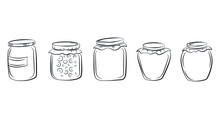 Collection Of Vector Black And White Jars With Lids. Flat Illustration, Sketch.