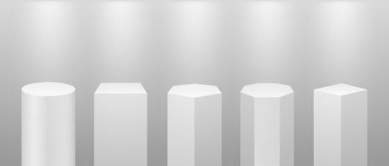 Museum stage. 3d pillars, white podiums for presentation. Squares and cylinders column, realistic empty platform for product with lights, exact vector set