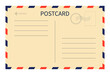 Vintage postcard. Post card with stamp. Airmail template. Postal mail. Letter of airmail. Old envelope. Postcard with blue-red border. Blank paper with frame, airplane and stamp. Vector