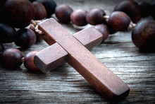 Close Up Old Rosary Against As A Symbol Of Salvation And Eternal Life Of Human Soul