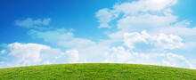 Spring Green Grass Field Landscape And Blue Sky Background