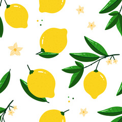 Wall Mural - Fresh yellow lemons and lemons hanging on branches vector seamless pattern background for food and nature design.