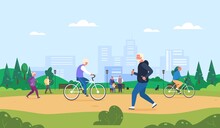 Elderly Activity Park. Senior People Running, Elder Cyclist On Bicycle, Older Man Walking In Summer Nature, Retired Athlete Lifestyle, Fitness Jogging, Garish Vector Illustration