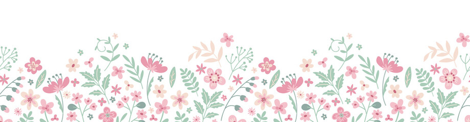 Wall Mural - floral border seamless pattern. cute horizontal banner with hand drawn spring flowers. vector illust
