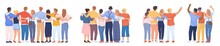 Teamback Friends. Vistas Behind Teamwork Group, Stand People Back Unity Friends Or Partners Hugging Family Together Support Friendship Diverse Team Gang, Swanky Vector Illustration