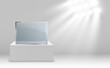 © NAUM - Glass showcase for the exhibition in the form of a cube. Background for sale illuminated by spotlights. Museum glass box isolated advertising or business design boutique. Exhibition hall.
