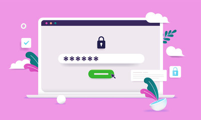 Wall Mural - password login - laptop computer screen with hidden password trying to log in. semi flat vector illu