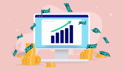 Leinwandbilder - Financial growth chart on computer screen with money flying around. Vector illustration
