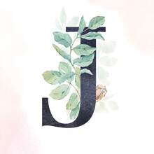Decorative Dark Letter J With A Watercolor Texture Embellished With Delicate Pink Flowers And Green Leaves, Hand-drawn In Watercolor. Isolated On A White Background. For Wedding Invitations, Postcards