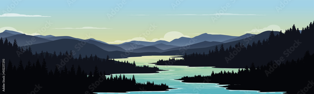 Vector illustration of a natural forest background. Landscape of a lake ...