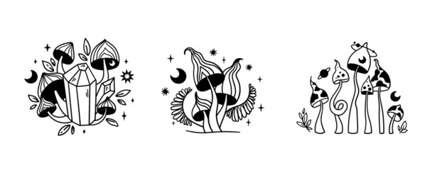 Wall Mural - magic space mushroom isolated clip art bundle, celestial hand drawn line mushroom compositions, myst
