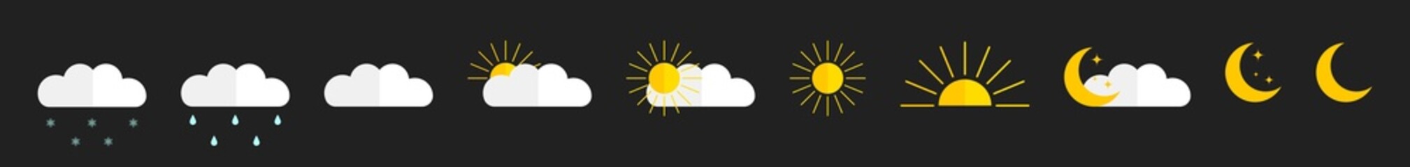 Weather forecast icons. Weather icons isolated on black background. Climate signs. Meteo symbols. Meteorology set with sun, rain, snow and cloud signs. Vector.
