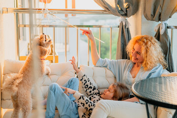 a little, happy girl, a child with a smile plays on a summer, spring vernada at home with mom and a dog at sunset. family weekend evening. dog, pets as a family member.