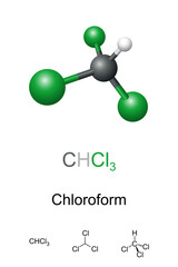 Wall Mural - chloroform, trichloromethane, ball-and-stick model, molecular and chemical formula. chcl3, organic c