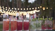 Various of multi-colored cocktails on rack in glasses with straws, mint leaves and ice on open air party near forest. Event decorated garlands with light bulbs are burning, people are dancing.