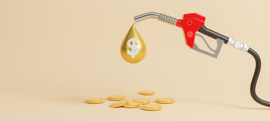 Stream of gold coins pours from the fuel handle pump nozzle with hose, huge filling gun with pouring fuel and falling golden coins, oil price rising concept, concept saving, 3d Rendering illustration