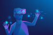 © Yellow duck - Metaverse technology modern concept. virtual reality technology. human wear VR headset for gaming. vector illustration fantastic digital design. isolated on blue dark background.