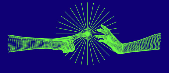 Aufkleber - Set of 3D low-poly hand models made of polygonal wireframe. Collection of futuristic style illustrations.