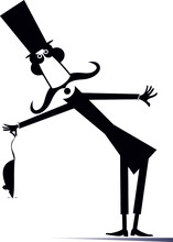 Man In The Top Hat Holds A Rat, Mouse Illustration. 
Cartoon Long Mustache Gentleman In The Top Hat Holds Rat Or Mouse By Tail Black On White Background
