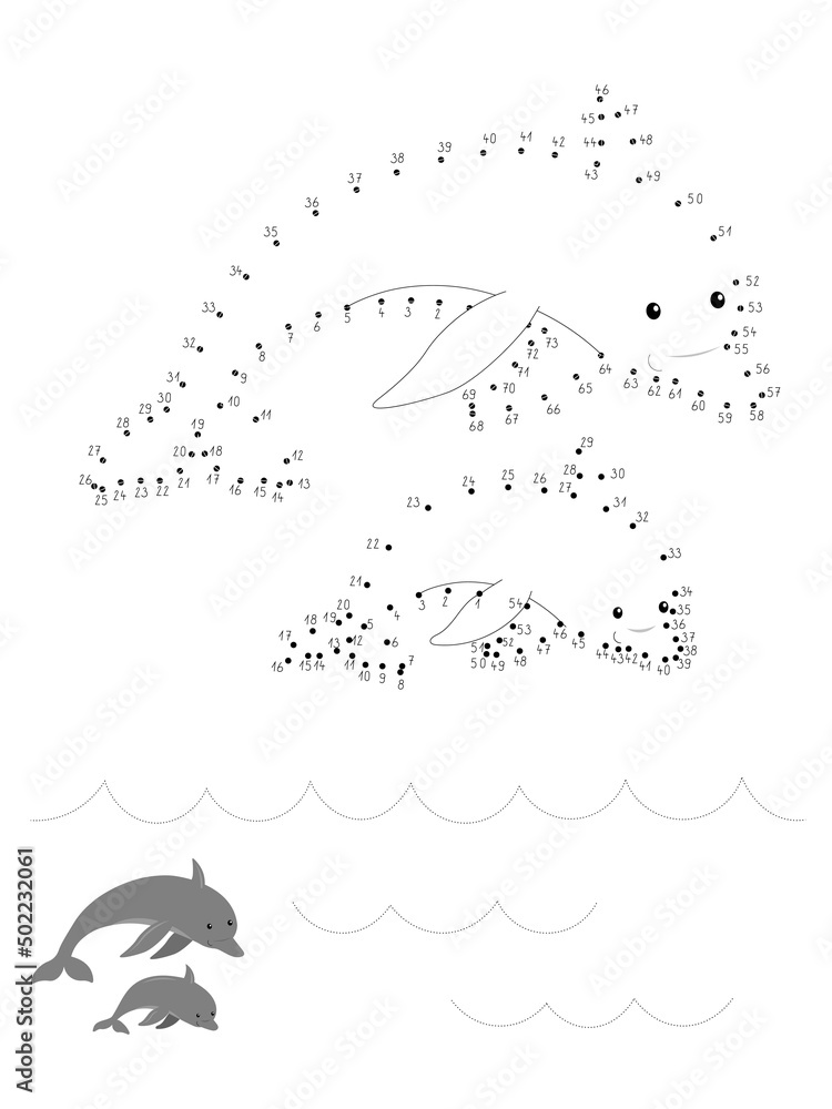 Connect The Dots and Draw Cute Cartoon Dolphins. Educational Game for ...