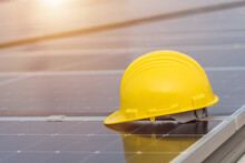 Yellow Helmet With Solar Panels, Clean Energy Solar Panel Concept.