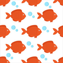 Pattern Of Red Fish And Bubbles On White Background For Use In Textile Design