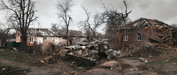 Wall Mural - War in Ukraine. Destroyed Ukrainian tank in Chernihiv region