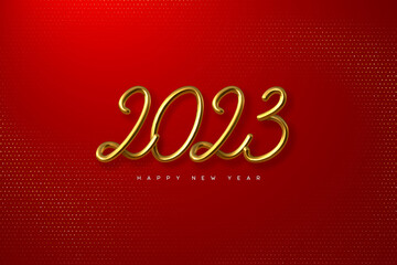 Wall Mural - 2023 Happy New Year. Hand writing golden metallic numbers 2023. 3d sign on red glitter spotted background. Vector illustration.
