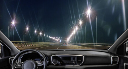 Wall Mural - view from the car on the night highway