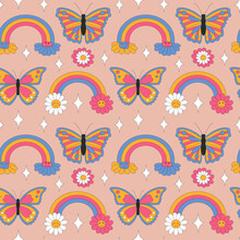 Seamless Pattern With Retro Daisies, Butterflies And Sparkles. Summer Rainbow Simple Minimalist Flowers. 70 S Style Plants. Yellow Spring Daisy. Colorful Background. Vector Illustration.