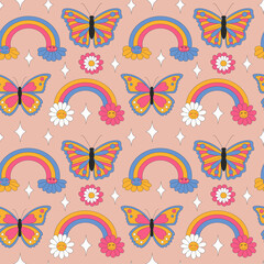 Seamless pattern with retro daisies, butterflies and sparkles. Summer rainbow simple minimalist flowers. 70 s style plants. Yellow spring daisy. Colorful background. Vector illustration.