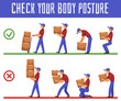 Body postures for carrying heavy weights and loads, flat vector illustration.
