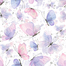 Watercolor Illustration Of Pink And Lilac Butterflies. Seamless Pattern, Gentle, Airy With Splashes Of Paint. For Fabric, Textiles, Wallpaper, Prints, Scrap Paper.