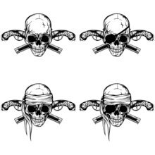 Vector Illustration Pirate Skull And Two Crossed Flintlock Pistols Set. Skull With Eye Patch And Without