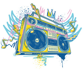 Wall Mural - Funky drawn boombox tape recorder and musical notes