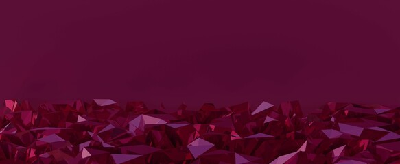 Surface from red abstract diamonds. Sparkling purple glass crystals lying 3d render in layers. Polygonal decoration with a futuristic gradient