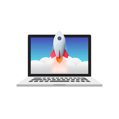 Wall Mural - laptop and rocket startup concept vector illustration