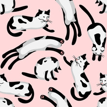 Seamless Repeat Pattern With Black White Cats In Different Poses On Pastel Pink.Cartoon Cats Background And Texture For Printing On Fabric And Paper.Vector Hand Drawn Illustration For Design Card.