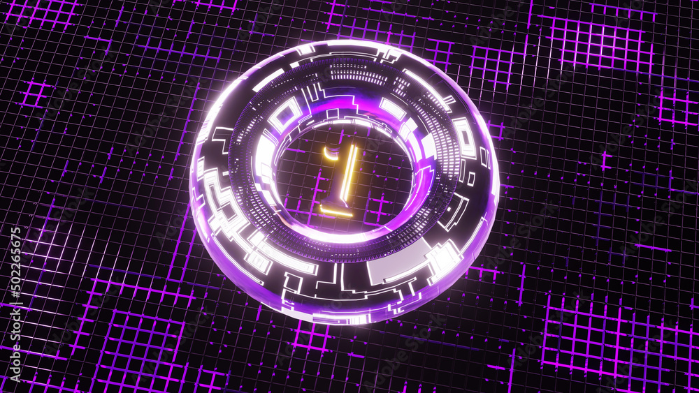 3D Rendering. Neon bright glowing countdown timer from 10 to 0 seconds ...