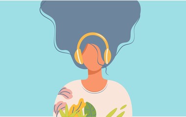 Poster - Cute young woman - flat character in headphones listens to her favorite music. The concept of musical pastime, listening to audio, learning in headphones. Vector isolated with a girl in bright clothes