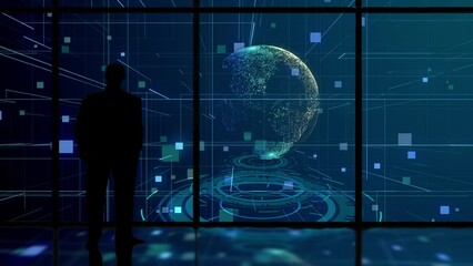 Wall Mural - Man looking at planet earth holograph in futuristic cyberspace
