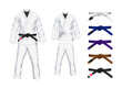 BJJ White Gi flat vector illustration. Kimono and pants with all belts  vector illustration in flat style. Brazilian Jiu-Jitsu kit. Isolated. on black background.	
