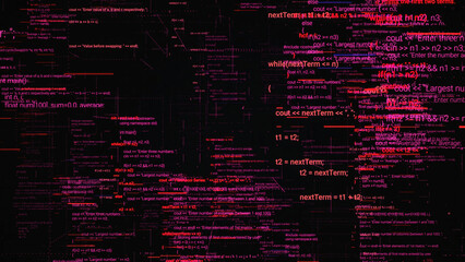 Abstract program code written and moved in the virtual space. Animation. Camera moving through the computer code on black background.