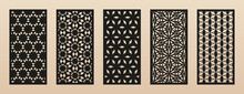 Vector Laser Cut Templates. Modern Abstract Geometric Panels With Floral Patterns, Grid, Lattice. Oriental Style Ornaments. Template For Cnc Cutting, Decorative Panels Of Metal, Wood. Aspect Ratio 1:2