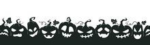 Halloween Pumpkin Characters Banner, Scary Squash Lanterns Silhouettes. Spooky Funny Jack-o-lanterns Halloween Poster Vector Background Illustration. Holiday Party Banner